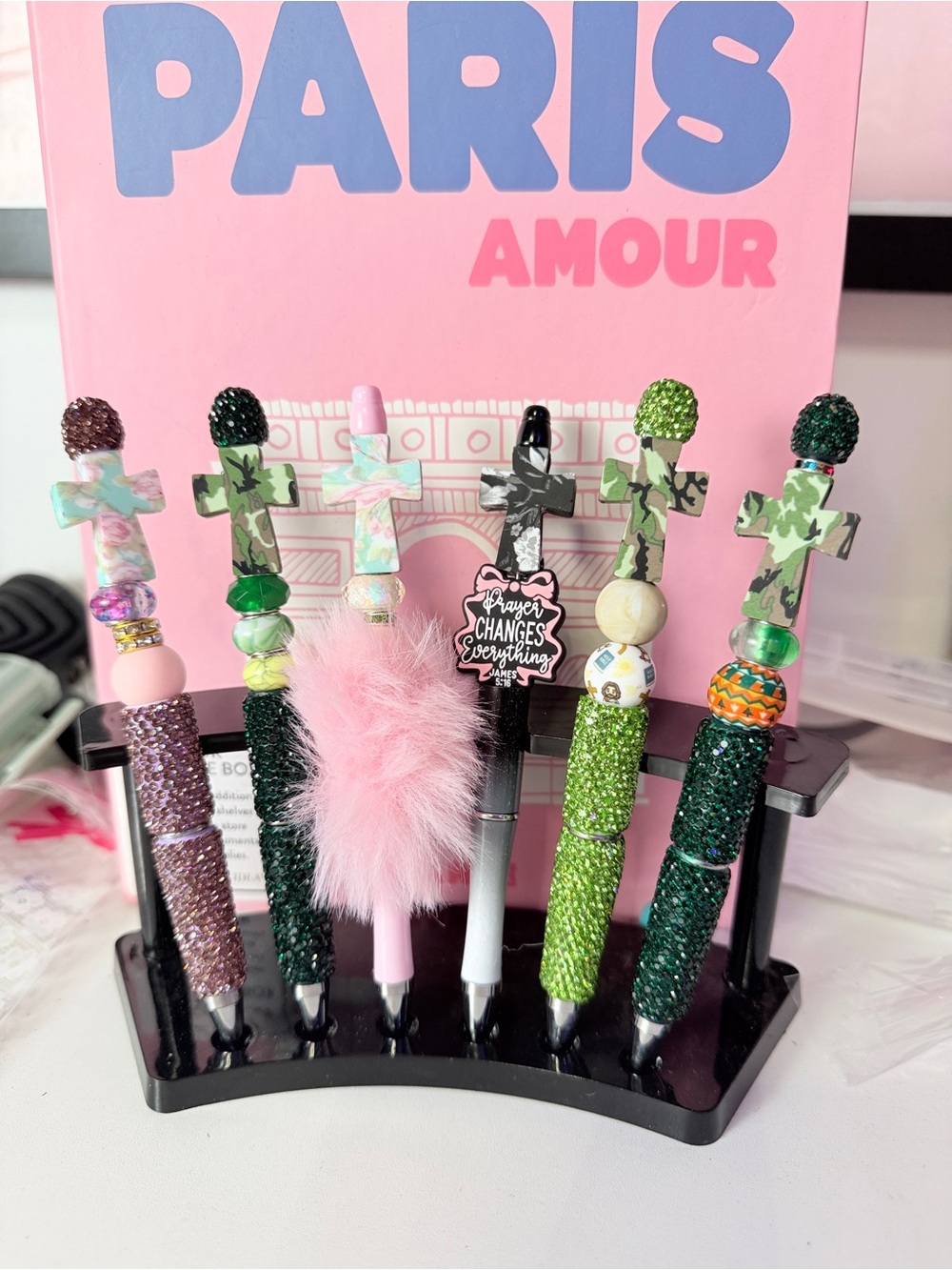 Sparkle Cross Pen Set with Pink Fur Accent